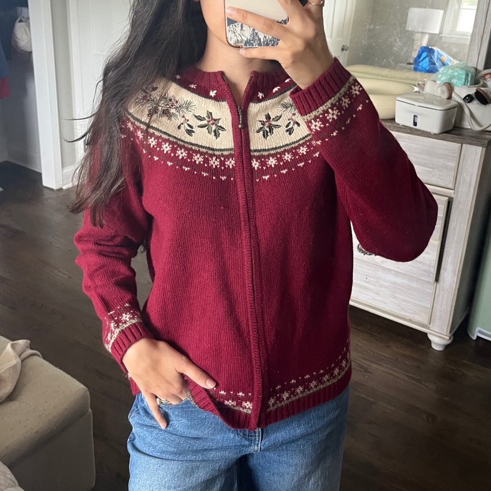 Vintage Christmas Sweater Womens Burgundy Red Fair Isle Holly Zip Up Cardigan